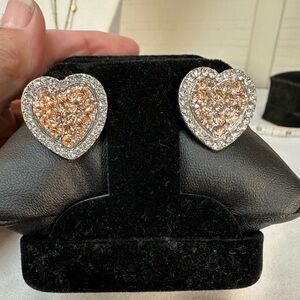 Sparkly heart earrings with clear and peach rhinestones